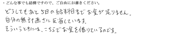 どうしてもあと5日の給料日までお金が足りません。
自分の無計画さに反省しています。
そういうときには、こちらでお金を借りているのです。