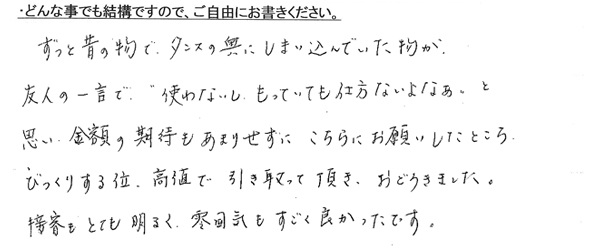 ずっと昔の物で、タンスの奥にしまい込んでいた物が、友人の一言で、