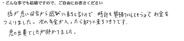孫が急に田舎から遊びに来ると言うので、時計を質預りにしてもらってお金をつくりました。
次の年金が入ったら取りに来るつもりです。
急の出費でしたが助かりました。