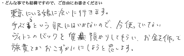 東京にいる娘に会いに行きます。
手ぶらという訳にはいかないので、今使っていないヴィトンのバッグを質預りしてもらい、お金を作って旅費とかおこずかいにしようと思います