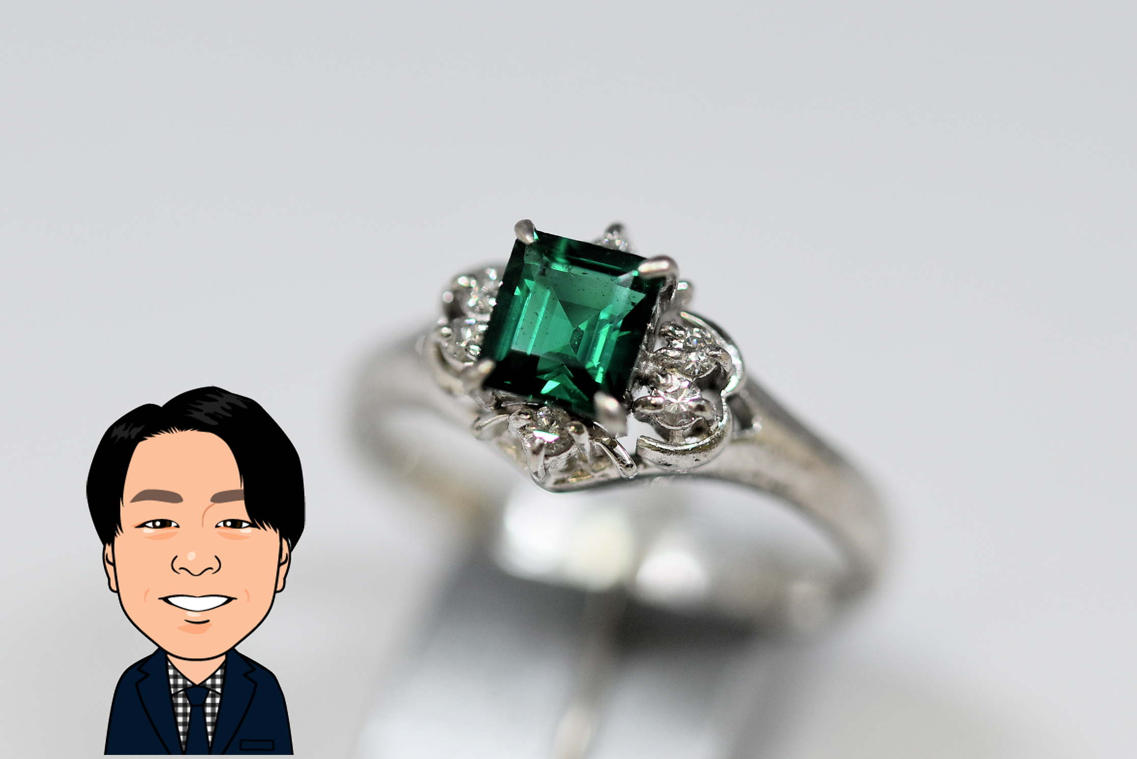 Pt900 【プラチナ】 合成エメラルド ダイヤモンド 指輪 画像1