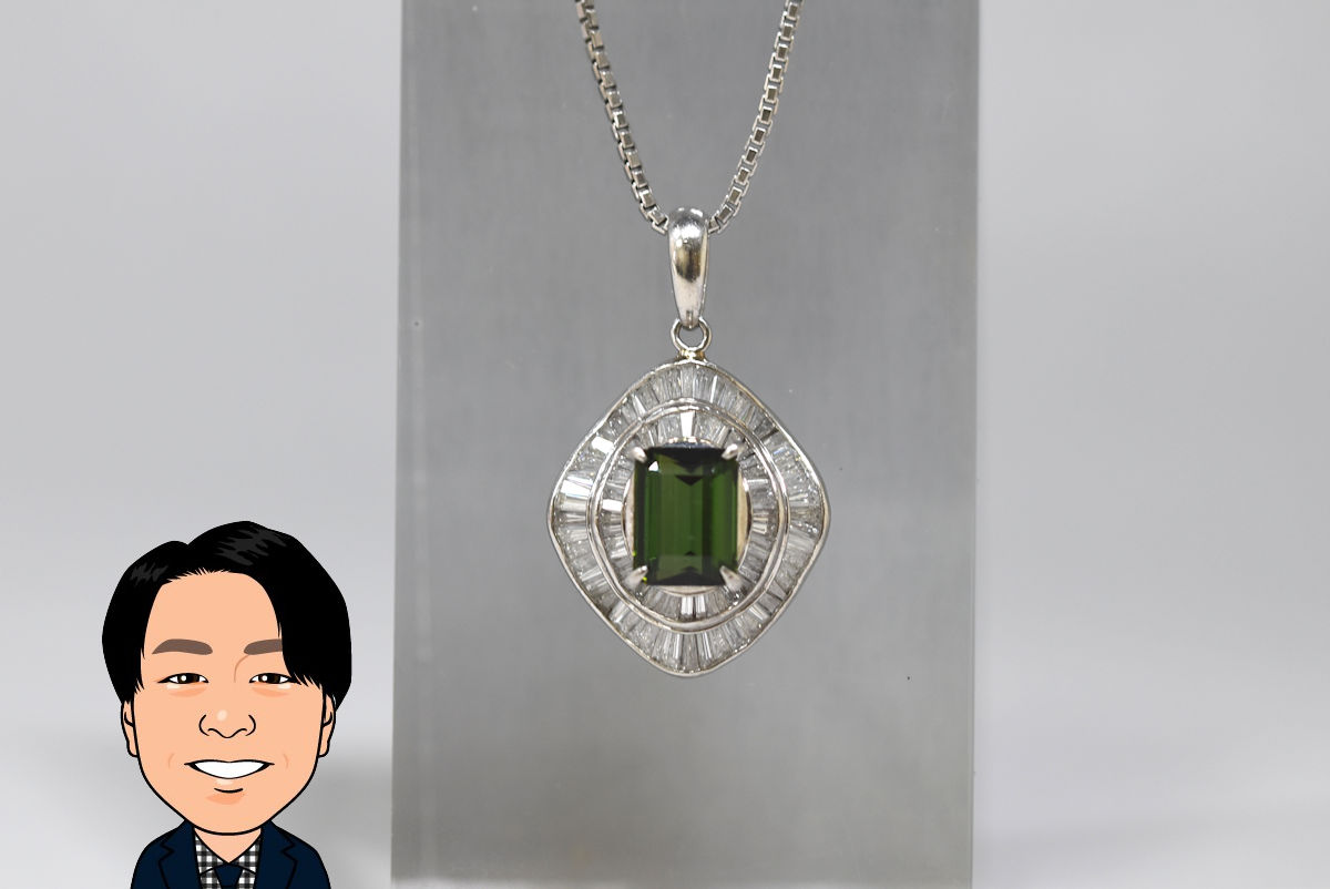 Pt850/900 【プラチナ】 グリーントルマリン ダイヤモンド ネックレス 画像1