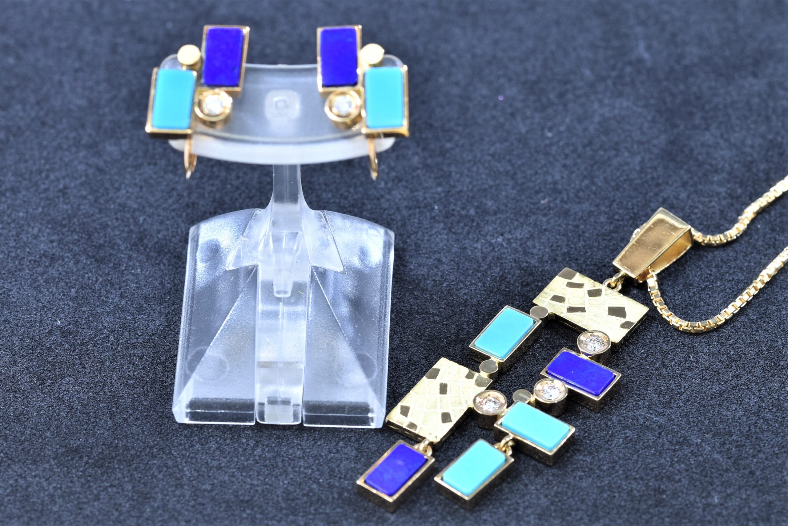 K18 ラピスラズリ トルコ石 ダイヤモンド ネックレス・イヤリング 画像1