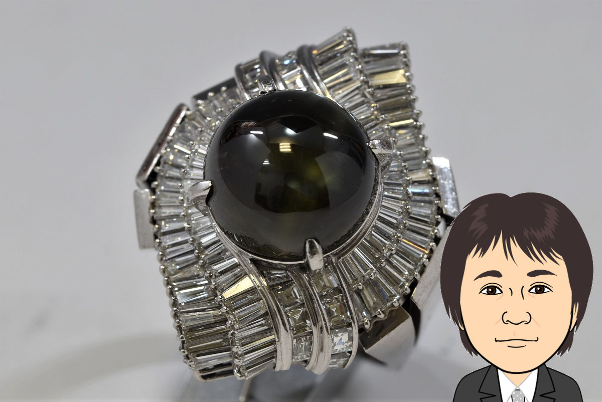 Pt900 プラチナ クリソベリルキャッツアイ ダイヤモンド 指輪 画像1