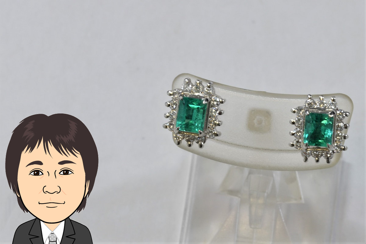 Pt900 プラチナ エメラルド ダイヤモンド ピアス 画像1