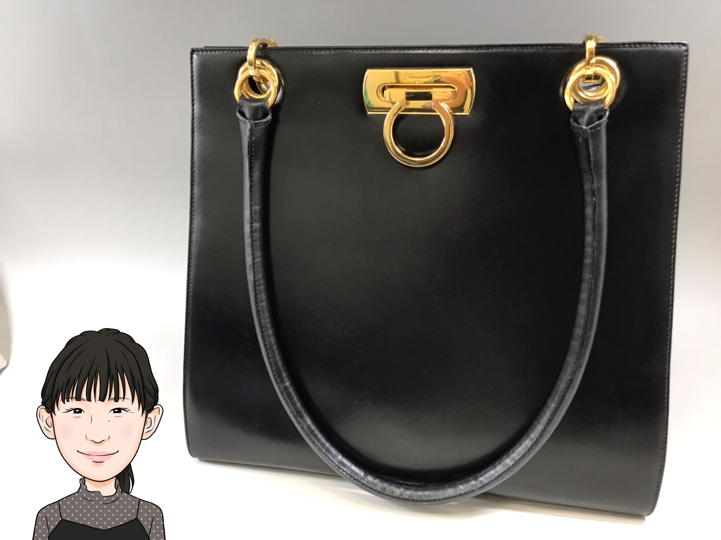 Ferragamo 【フェラガモ】 黒革 ガンチーニ ハンドバッグ 画像1