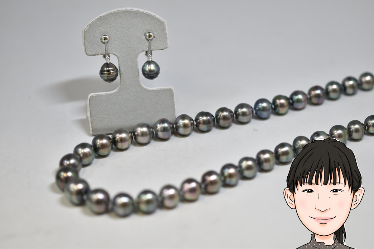 黒パール ネックレス K14WG 14金 ホワイトゴールド イヤリング セット 画像1
